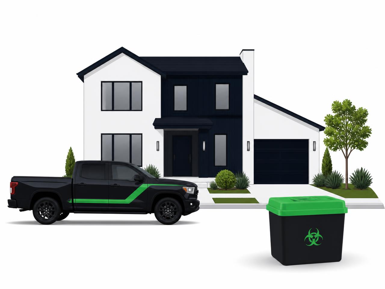 A suburban home, a teal sharps container, and a SafePen pickup van